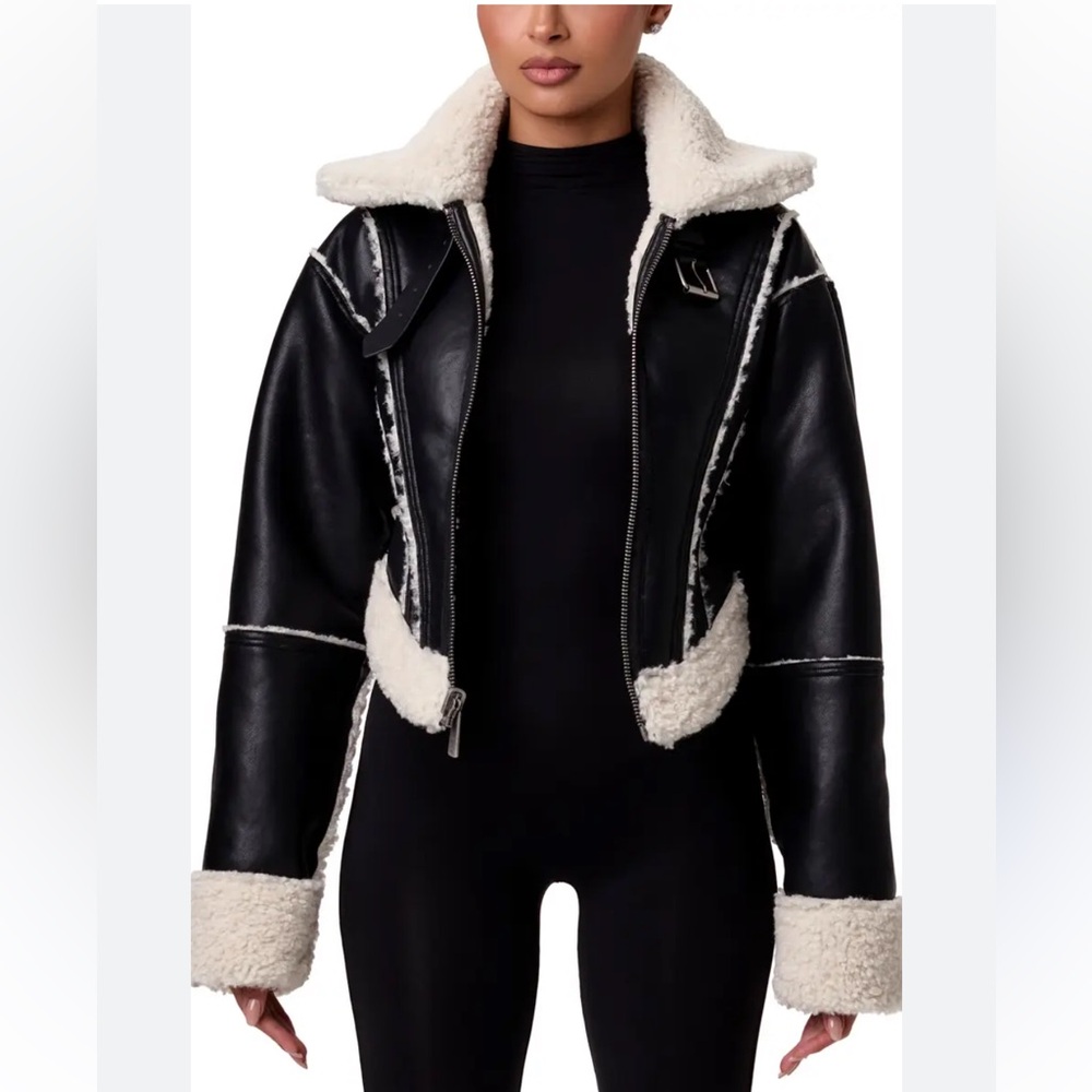 naked wardrobe Black Faux Leather Shearling Jacket with Cream Trim